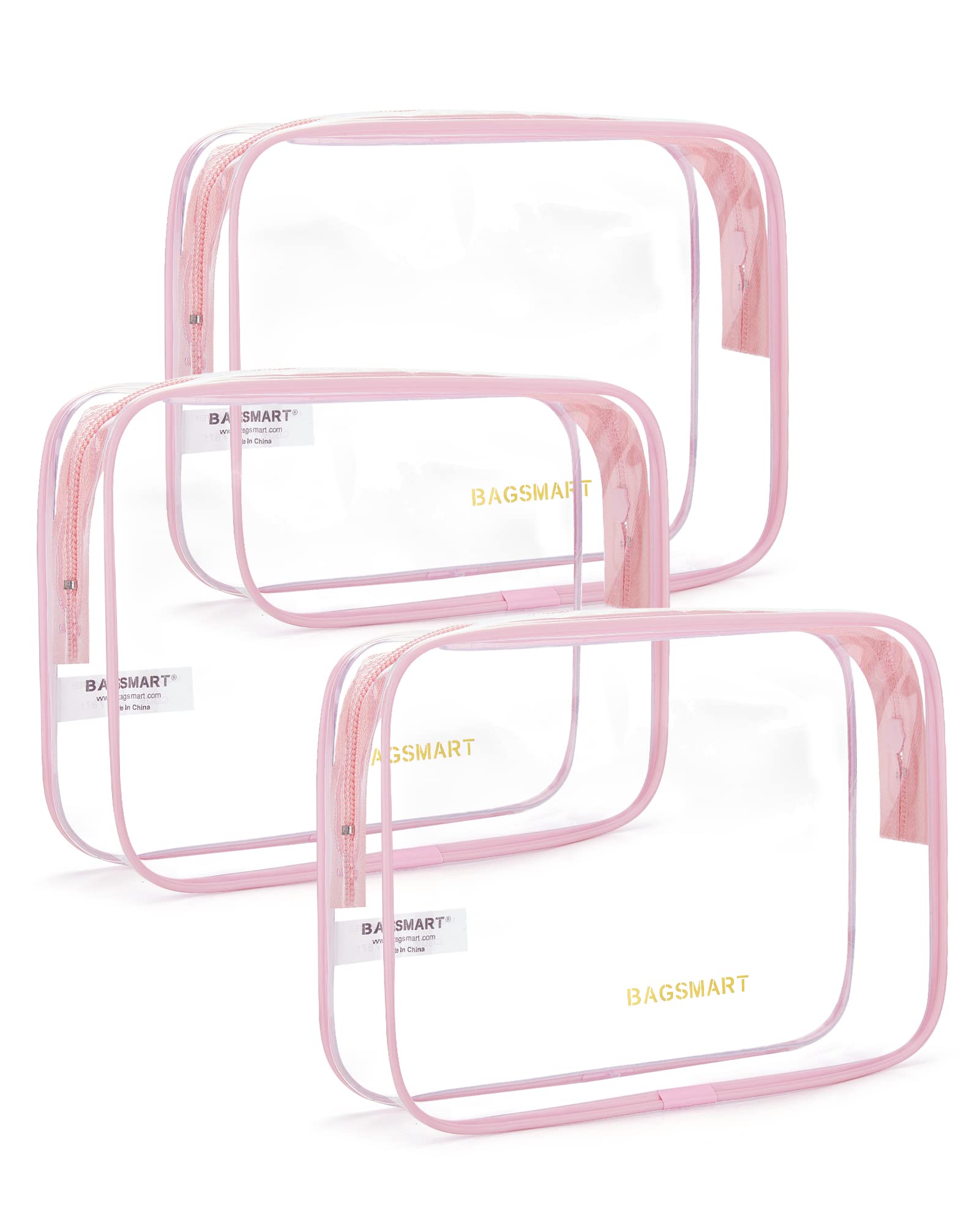BAGSMART Kulturbeutel, transparent, TSA-geprüft, 3 Stück, Rosa (Candy Pink), 3 Pack, Medium, 3er-Pack, Größe M