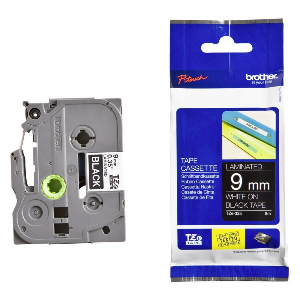 Brother TZe-325 Labelling Tape Cassette, 9 mm (W) x 8 m (L), Laminated, Brother Genuine Supplies - White on Black
