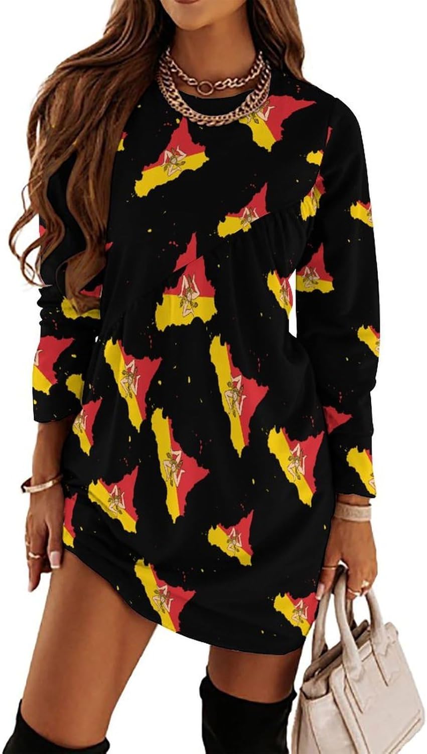 Flag Map of Sicilian Women's Fleece Sleeve Sweatshirt Dress Long Pullover Casual Dresses