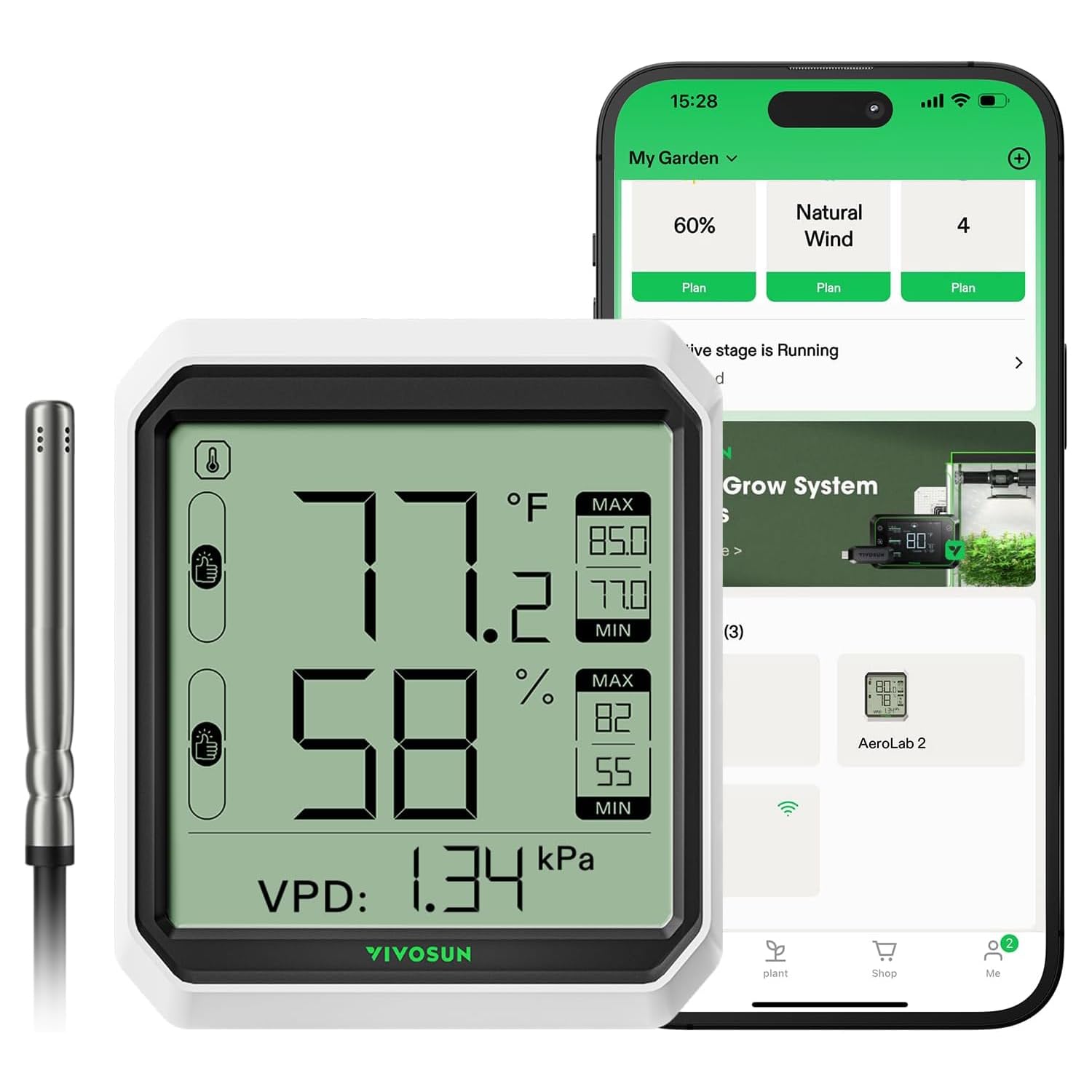 VIVOSUNAeroLab THB1S Wireless Bluetooth Hygrometer Thermometer Indoor, VPD, Digital Temp Humidity Meter, LCD Smart App Control & Alert, Data Storage, Dual Channels with Sensor Probe, Battery Included