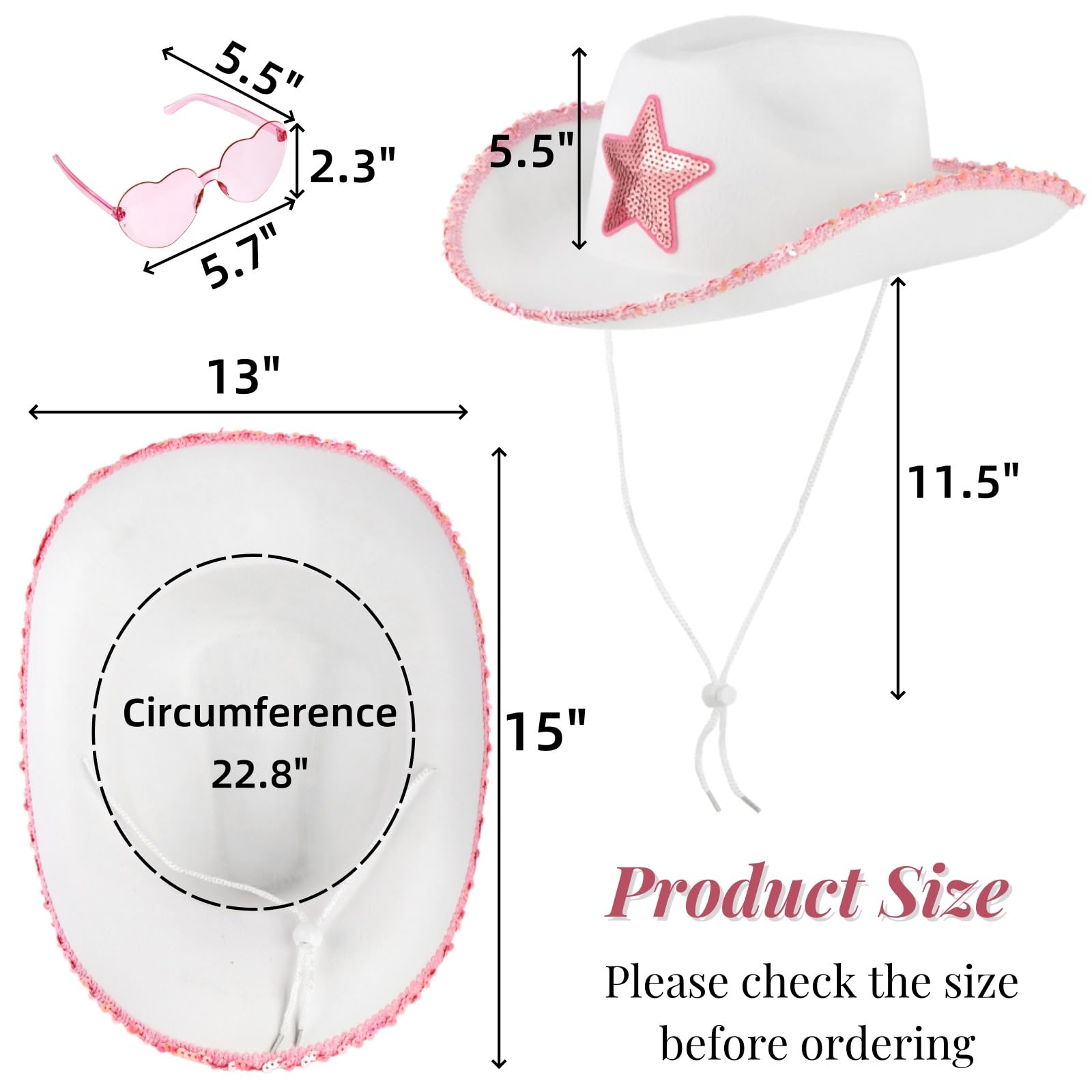 Noamus 2 Pack White Cowgirl Hat with Heart Sunglasses, Cowboy Hat with Pink Sequin Star, Preppy Cow Girl Costume Accessories with Adjustable Neck Draw String for Women, Halloween, Dress Up Party