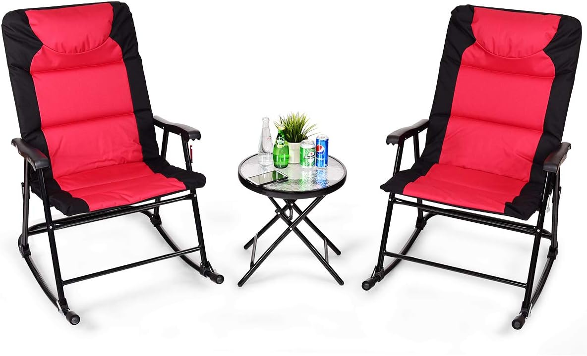 Giantex 3 PCS Folding Bistro Set Outdoor Patio Rocking Chairs Round Table Set 2 Rocking Chairs w/Glass Coffee Table for Yard, Patio, Deck, Backyard Padded Seat (Red & Black)