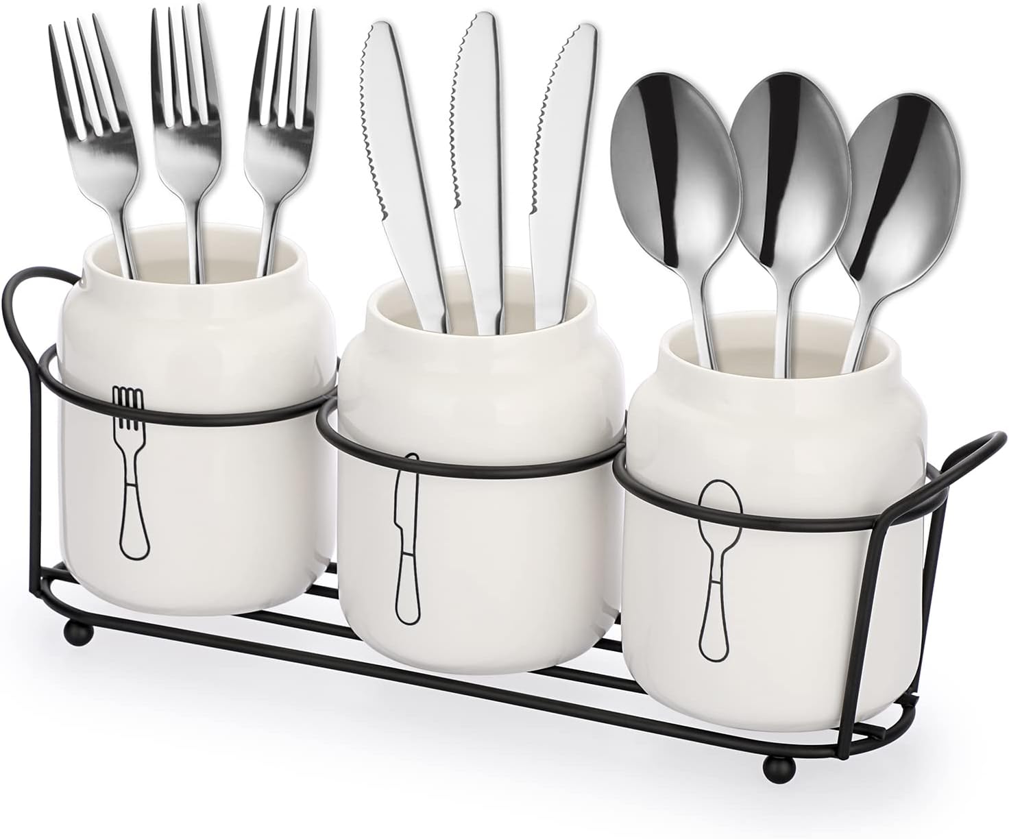 SUMTree 3-Piece Ceramic Silverware with Metal Rack, Utencil Holder Flatware Caddy Spoon Holder Cultery Organizer for Countertop, Kitchen Table, Cabinet or Pantry, White