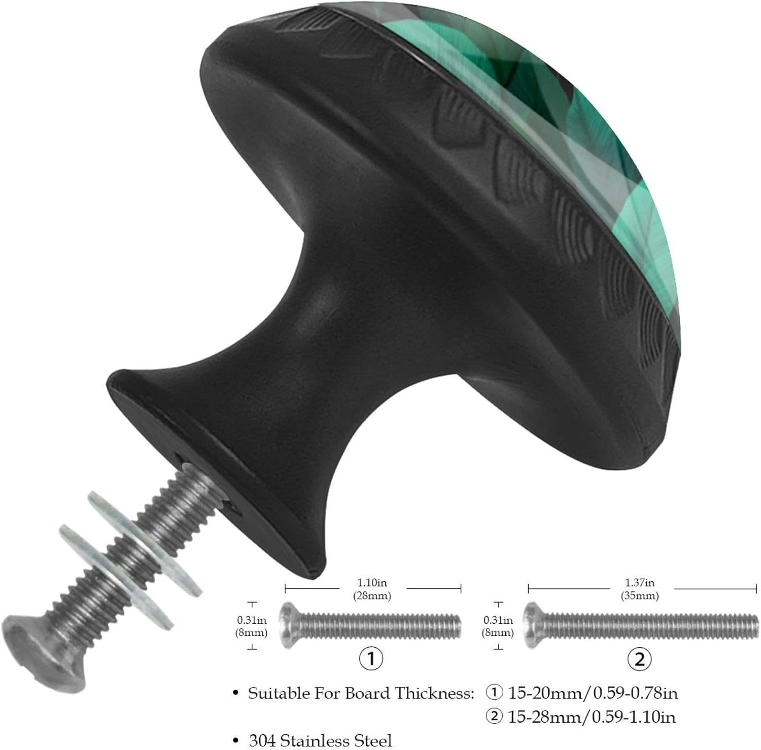 Black Tropical Green Leaves Pattern Indoor Cabinet Knobs, Decorative Glass Pulls for Drawers and Cabinets