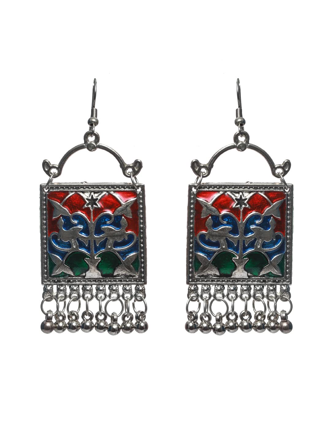 Oxidised Multicolor Square Tasseled Jewellery Set, Vibrant Style