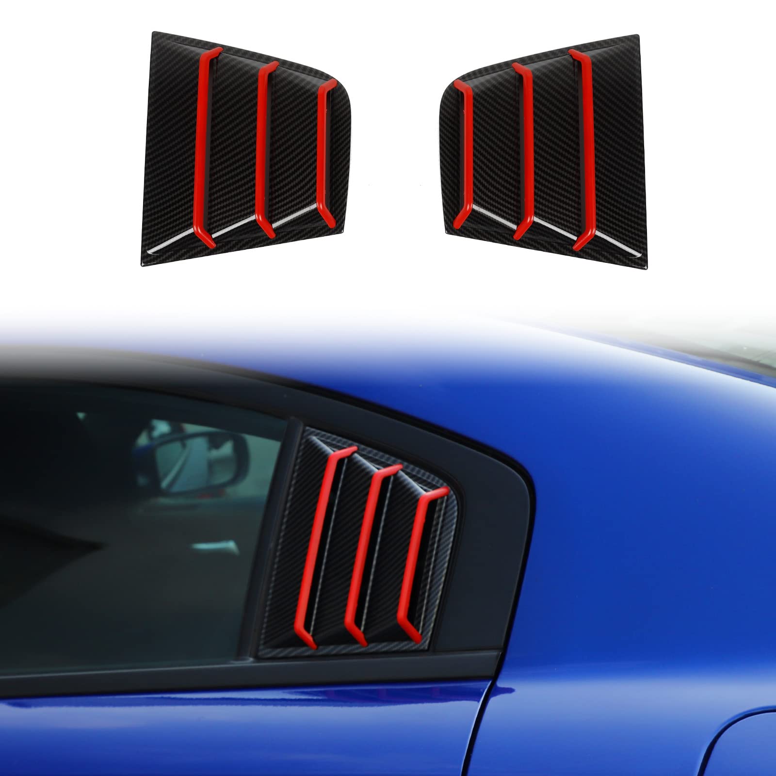 JWWY for Charge Rear Window Blinds Shades Louvers Shutters Cover Trim Fit for 2015-2024 Dodge Charger Exterior Accessories 2pcs Carbon Fiber & Red
