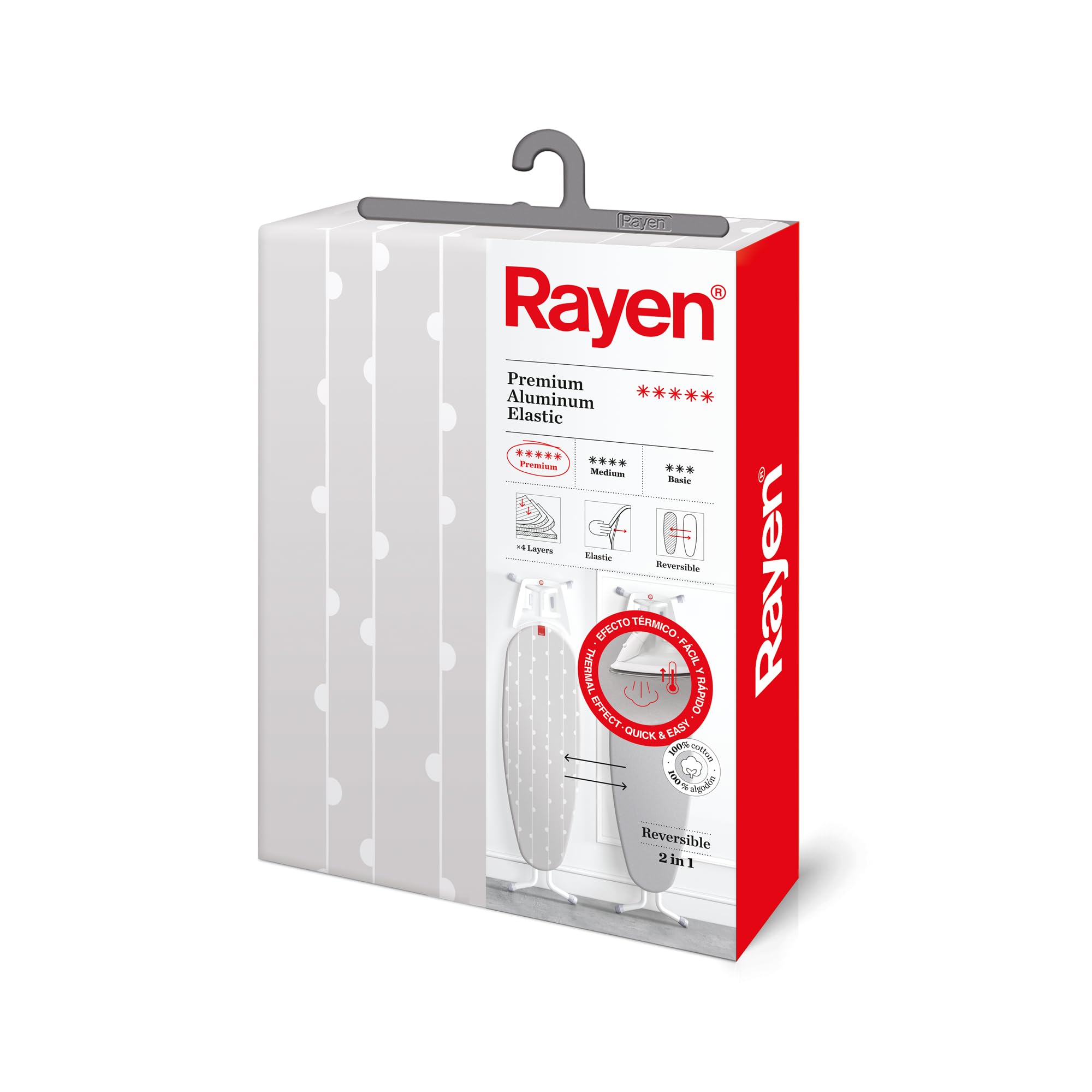 Rayen | Universeller grauer Bügelbezug | 3 Lagen Aluminium, Schaumstoff & 100% Baumwolle | Reversibel | Sondersortiment | Maße: 51x127 cm | Farbe: Grau mit Streifen