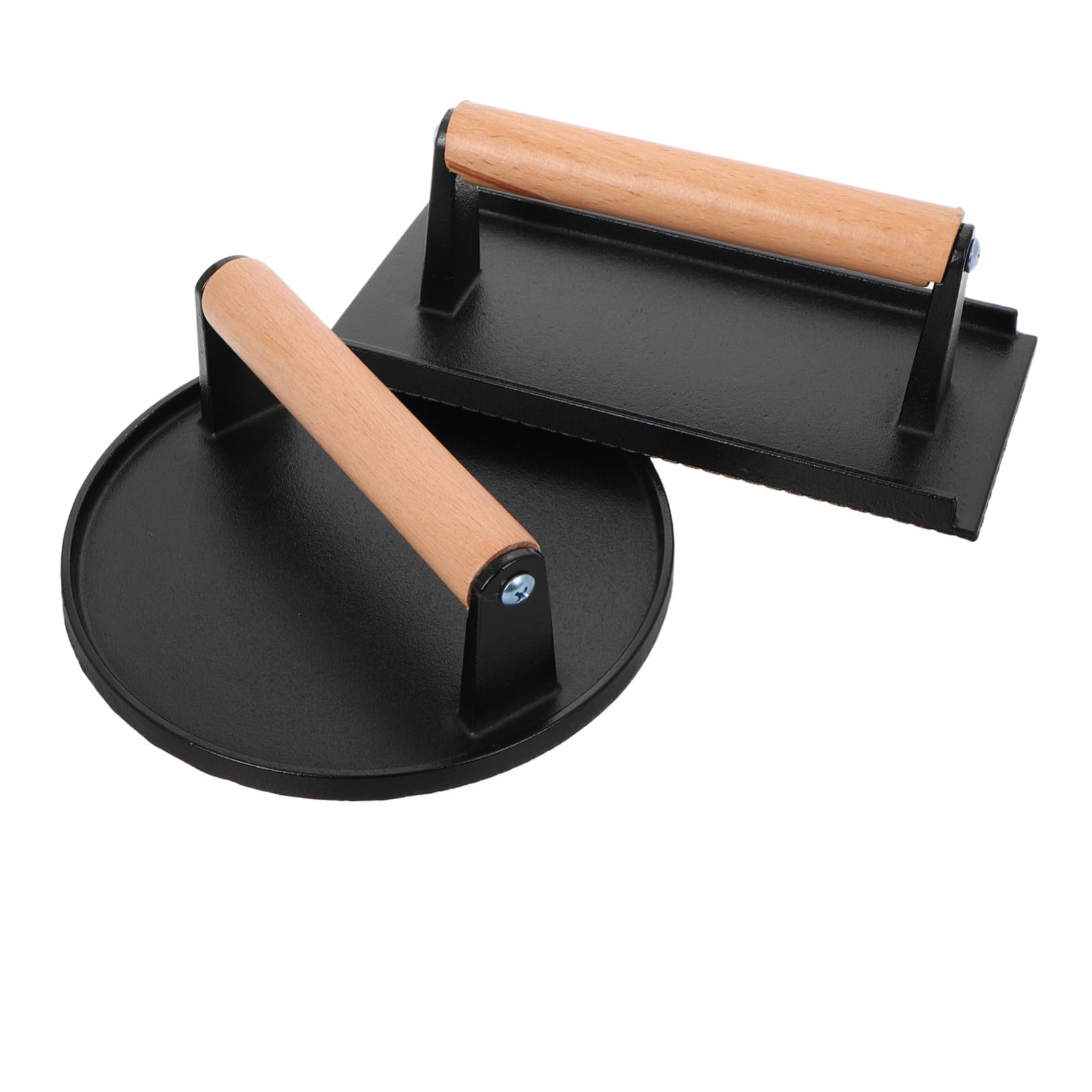Prensa de Tocino de Hierro Fundido con Mango de Madera Cómodo, Prensa para Hamburguesas Negra Multifuncional para Cocina, Pack de 2 Piezas Redonda y Rectangular