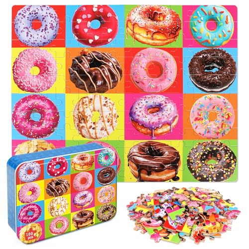 Rompecabezas LELEMON para niños de 4 a 8 años, rompecabezas de donas, 100 piezas, educativo, con caja metálica portátil miniatura 1