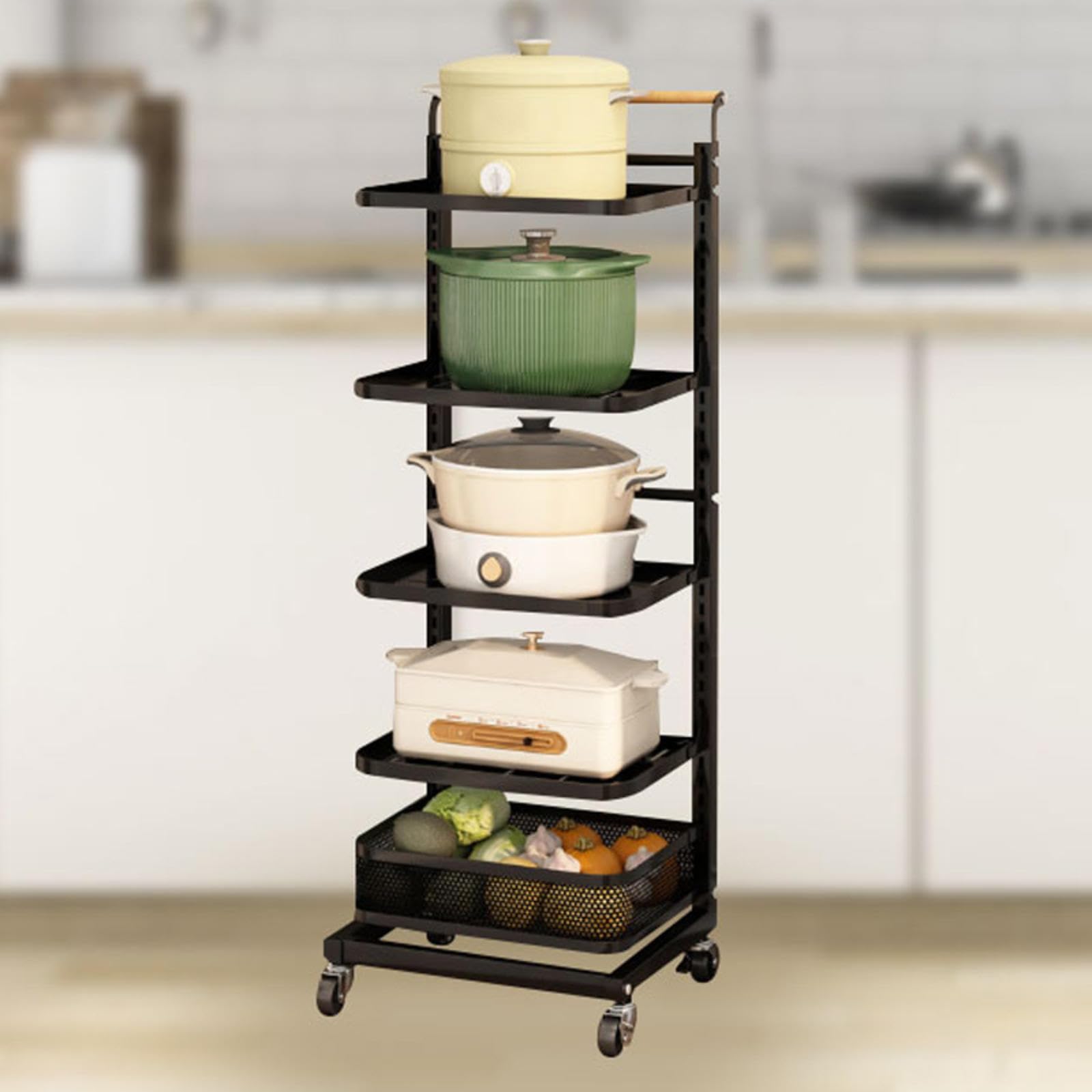 Carrito de almacenamiento de cocina con ruedas, organizador de metal para ollas y sartenes, negro, 5 x 4 tablas + 1 cesta para ahorrar espacio, solución de estantería para una nización eficiente del