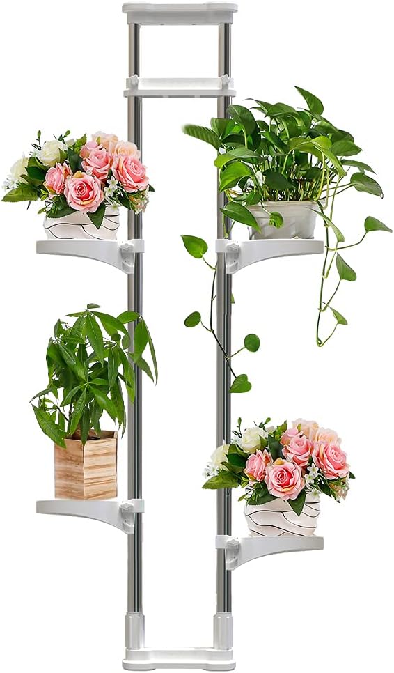 BAOYOUNI Indoor Window Plant Stand Metal Double Pole Storage Shelf Flower Pot Display Rack Holder Planter Extention Rods Home Decor with 4 Adjustable Trays - Ivory
