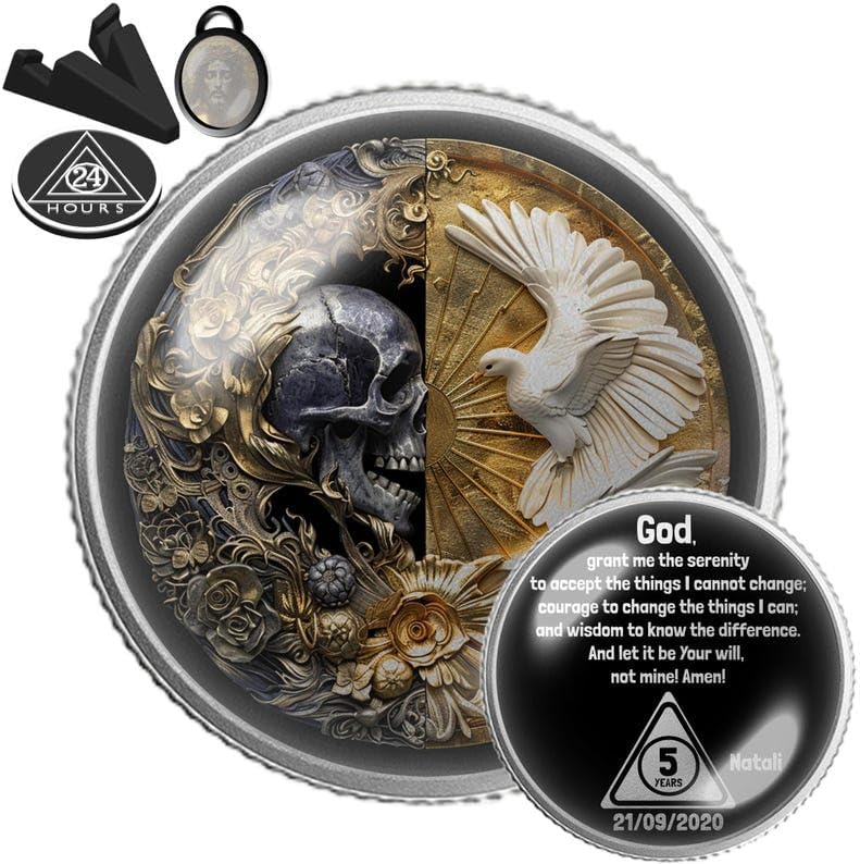 Skull and White Dove Sobriety Coin | Personalized AA NA Recovery Token | Custom Name Sobriety Date | Gold or Silver | Sobriety Chip Gift (Silver)
