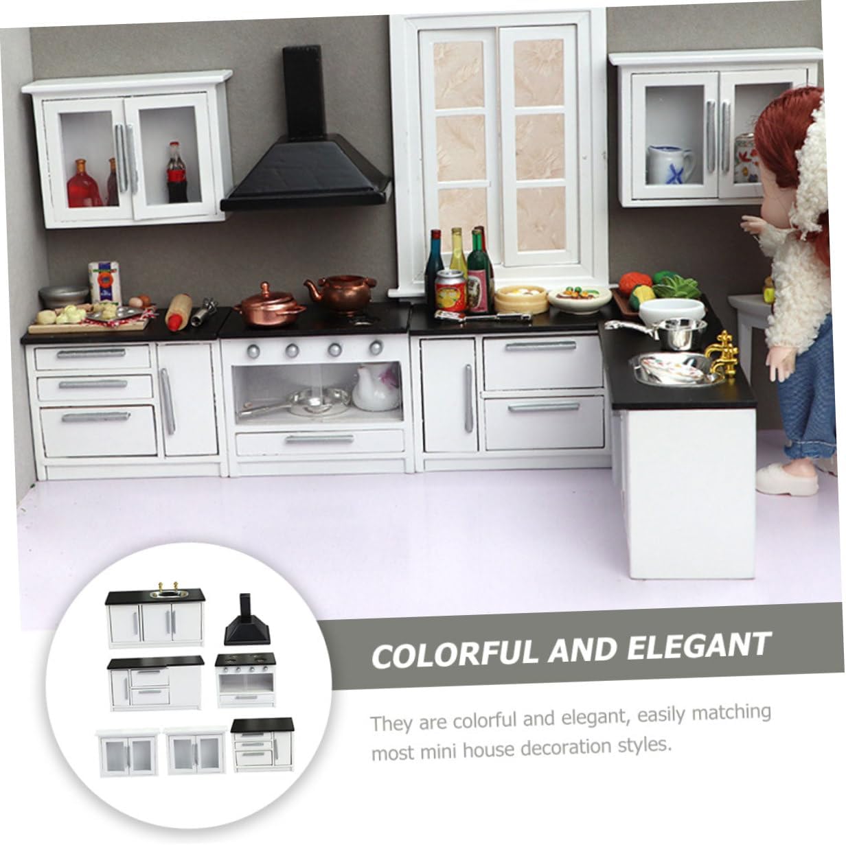 12 Scale Wooden Mini Kitchen Furniture Set, 7pcs White Dollhouse Kitchen Accessories for Small Dollhouse Decor and Pretend Play