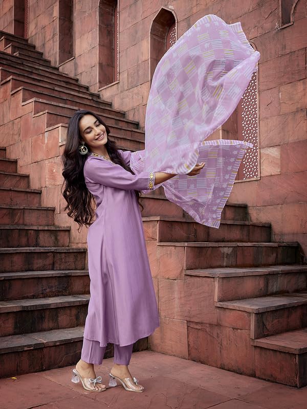 Image of Royal Export Women's Viscose Yoke Mirror Work Solid Flared Kurta Pant with Dupatta Set, Anarkali Kurta Sets for Women