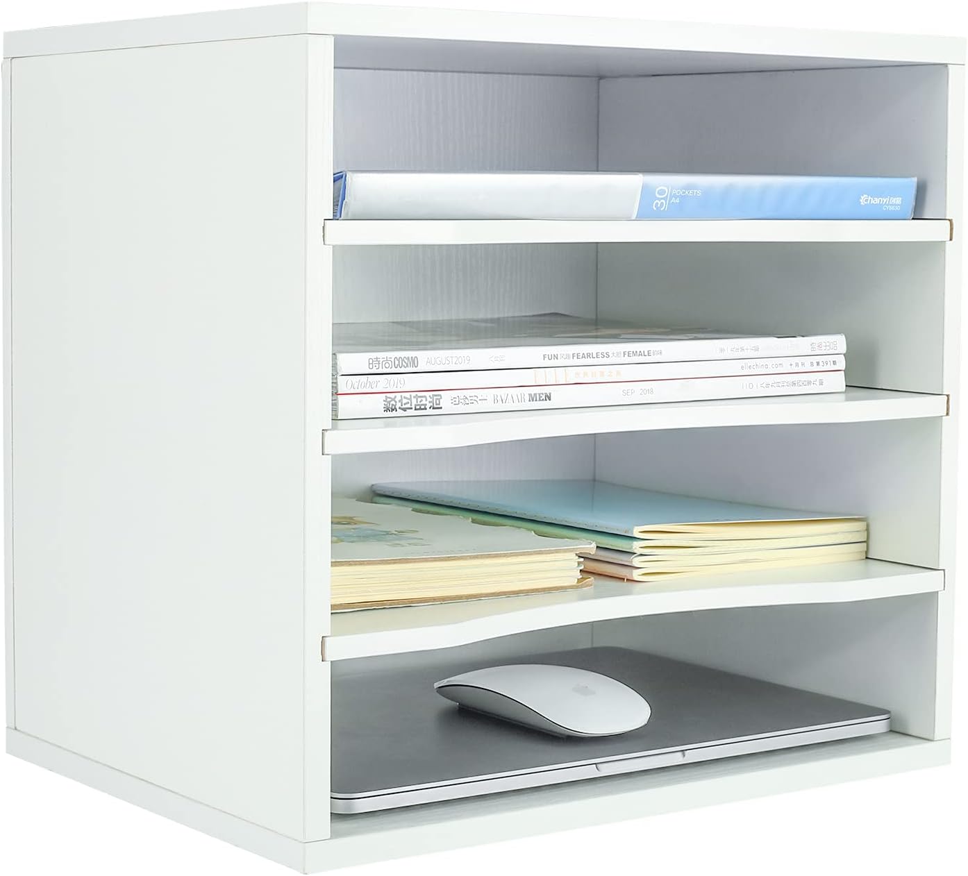 PAG Mail Sorter Organizer, Wood Countertop Literature Organizer, Office Supplies Desktop File Bill Paper Organizer for Office Home School, 4 Compartments, White