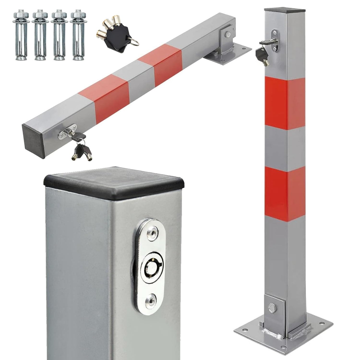 Taylor & Brown Car Parking Space Lock Bollard, Grey and Red Lockable Fold Down Car Parking Barrier Post, Private Car Park Driveway Guard Saver Blocker, Upper Lock, 65cm Height