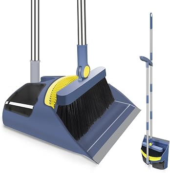 Broom with Dustpan Combo Set, 55" Long Adjustable Handle Broom and Dustpan Set Pet Hair Removal Broom with Dustpan Teeth to Clean Hair Suitable for Home Kitchen Office Hall FloorBlue