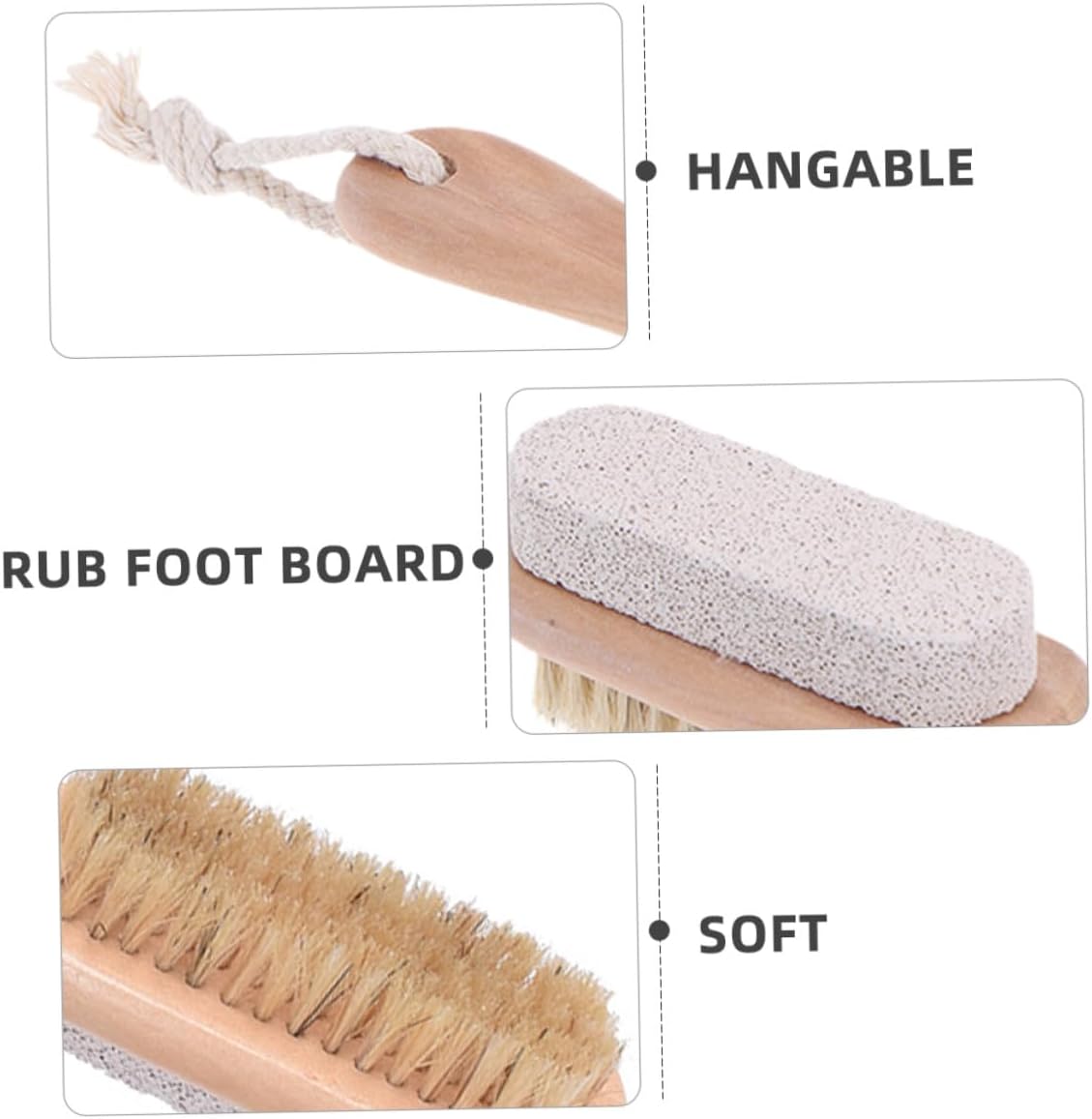 3pcs Dual-Sided Foot Scraper Set with Wood Handle Natural Bristle Pumice Stone for Dead Skin Removal and Foot Exfoliation Suitable for Home and Shower