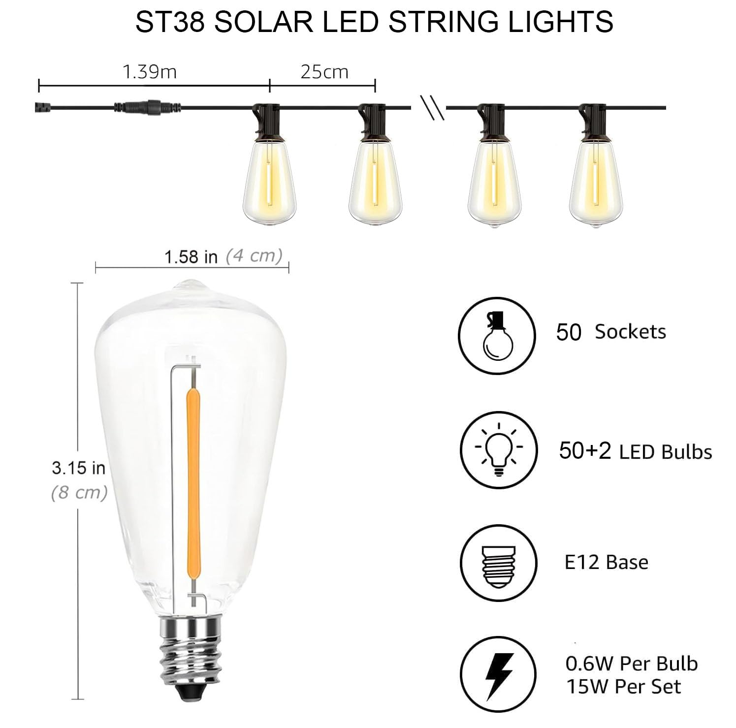 Solarna girlanda zewnętrzna, bardzo jasne USB 15 m, 50 żarówek ST38, 4 tryby ciepłej bieli 2700 K, wodoodporna do ogrodu, na taras, podwórko, kawiarnię, patio, do dekoracji imprez