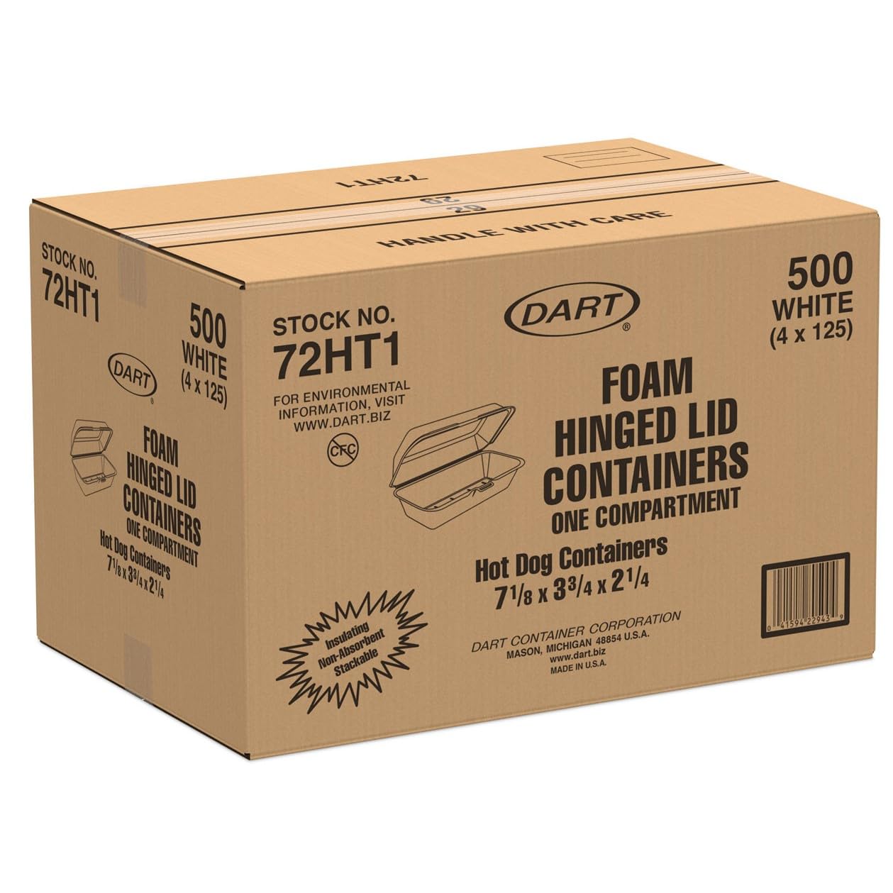 DART 72HT1 Hot Dog Foam Hinged Container, 7.13 X 3.75 in (Case of 500) White