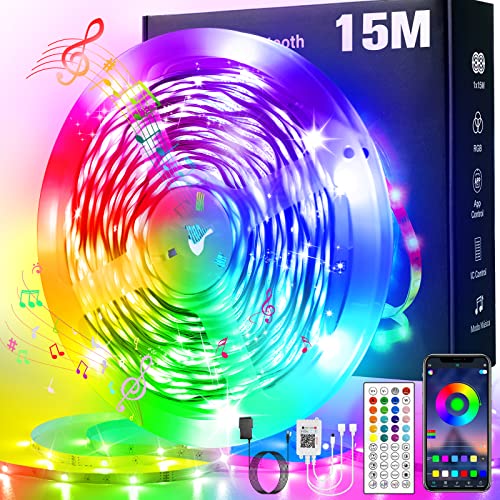 Tira LED de Bluetooth 15M,RGB 5050 LED.Inteligente Música de Tira. Control Remoto de 44 teclas + Controlador Bluetooth Inteligente,Luz Música Sincronización Aplicaciones TV Fiesta Decoración Navideña