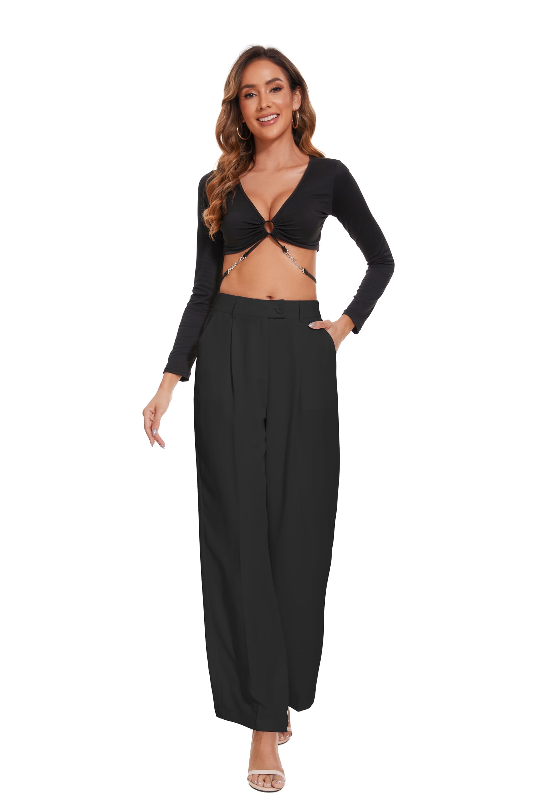 KICZOY Pantalones de oficina de cintura alta ancha para mujer, ajuste holgado, cintura elástica, plisados, pantalones para el trabajo casual