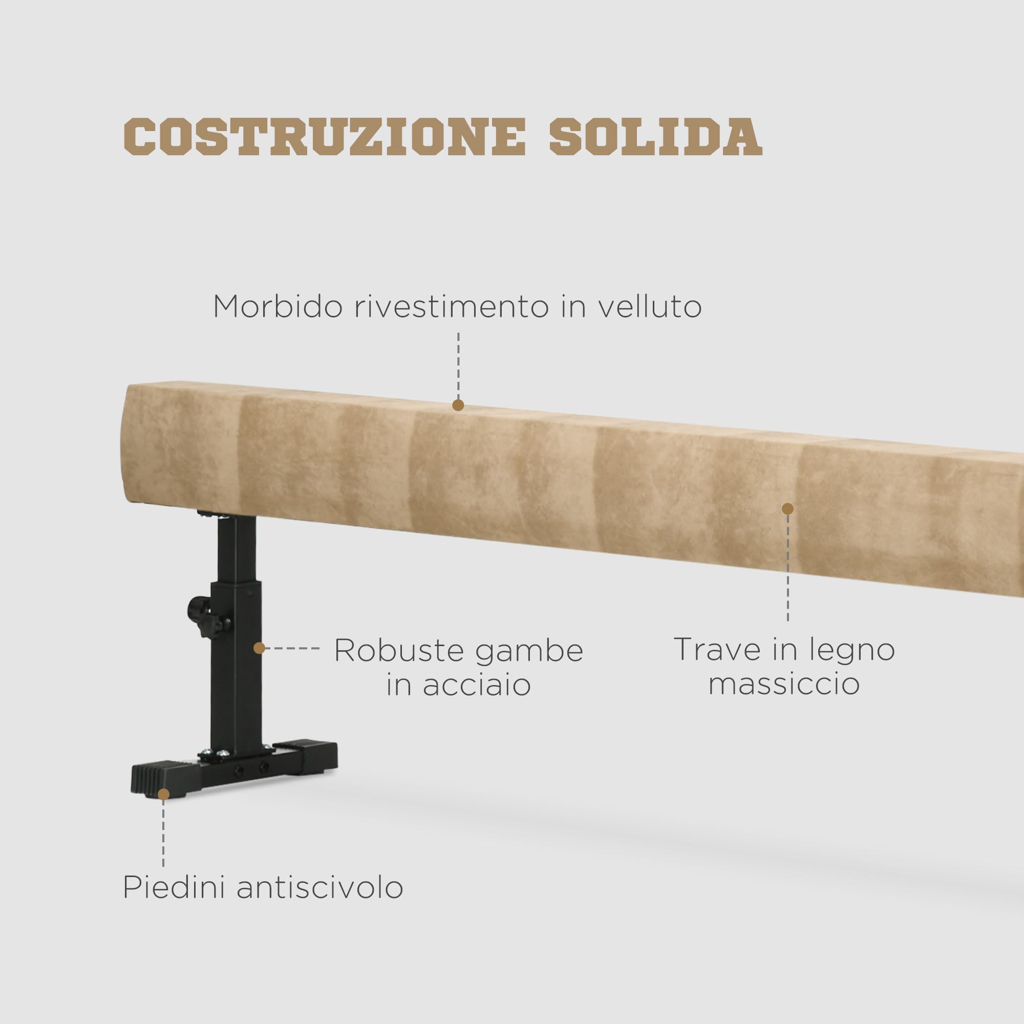 HOMCOM Trave Ginnastica Artistica da Casa con Altezza Regolabile, Ruote e Piedini Antiscivolo, per Bambini da 3-12 Anni, 226x31x59cm, Marrone