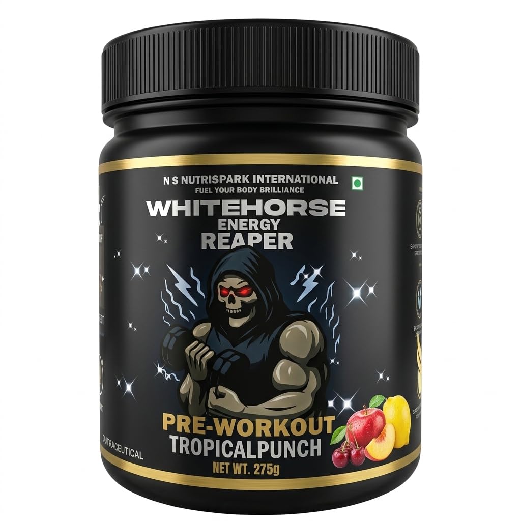NutriSpark White Horse- Pre work out Workout Supplement with Creatine HCl, Beta-Alanine, Glutamine - Energy and Muscle Management, Unisex-Tropical Punch-275gm