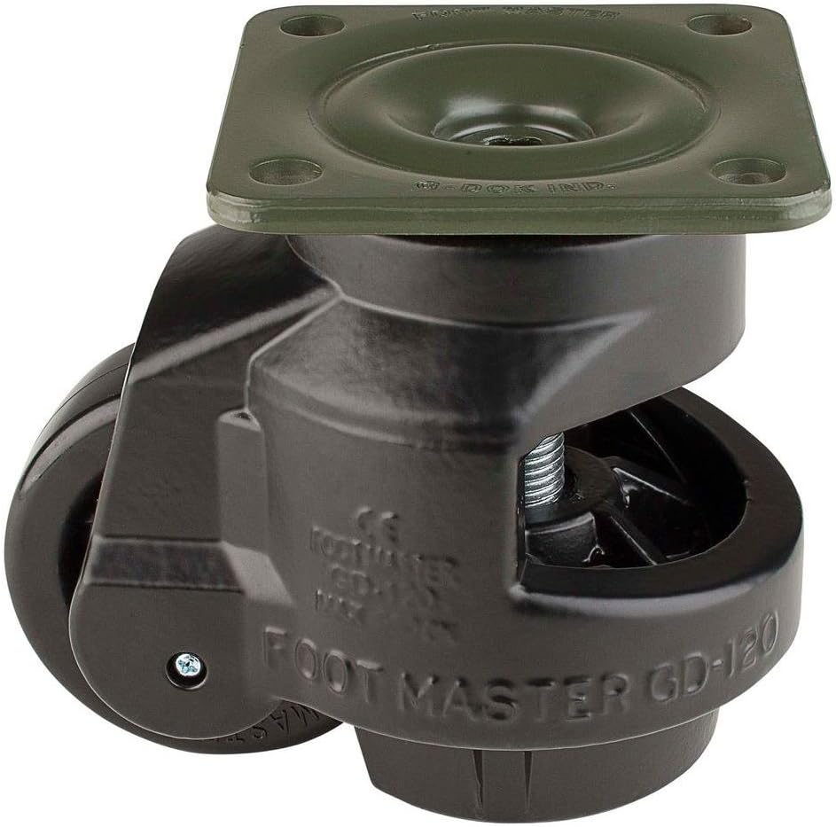 FOOTMASTER GD-120F-BLK Nylon Wheel and Aluminum Pad Leveling Caster, 2200 lbs, Top Plate 3 3/4" x 3 3/4", Bolt Holes 2 3/4" x 2 3/4", Black Finish, Extra Large