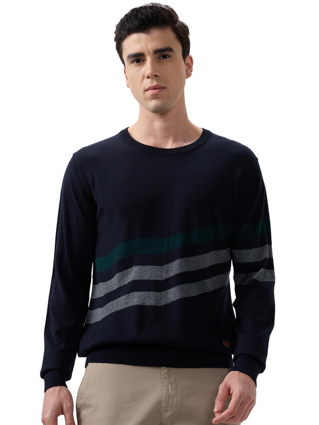 Men Regular Fit Intarsia Pattern Acrylic Wool Blend Full Sleeve Round Neck Casual Sweater Blue-image-18