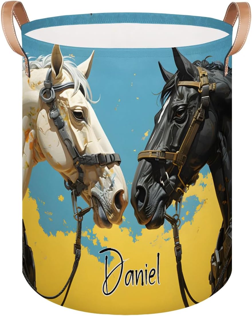 Custom Laundry Hamper Toy Organization Basket with Name Foldable Clothes Storage Basket for Boys and Girls Cool Horse