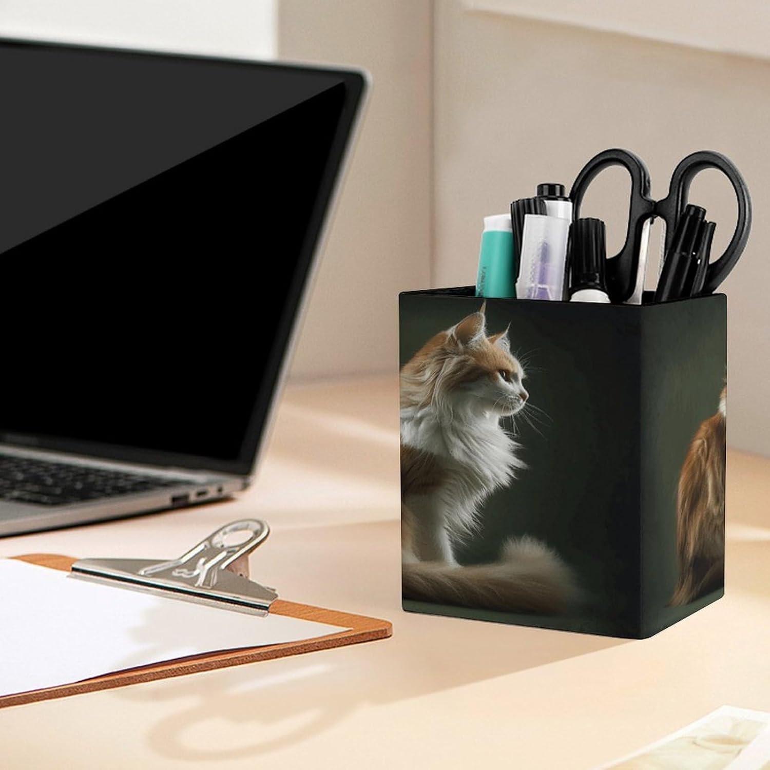 Orange And White Cat Pen Holder Square Desk Organizer for Office Studio image 5