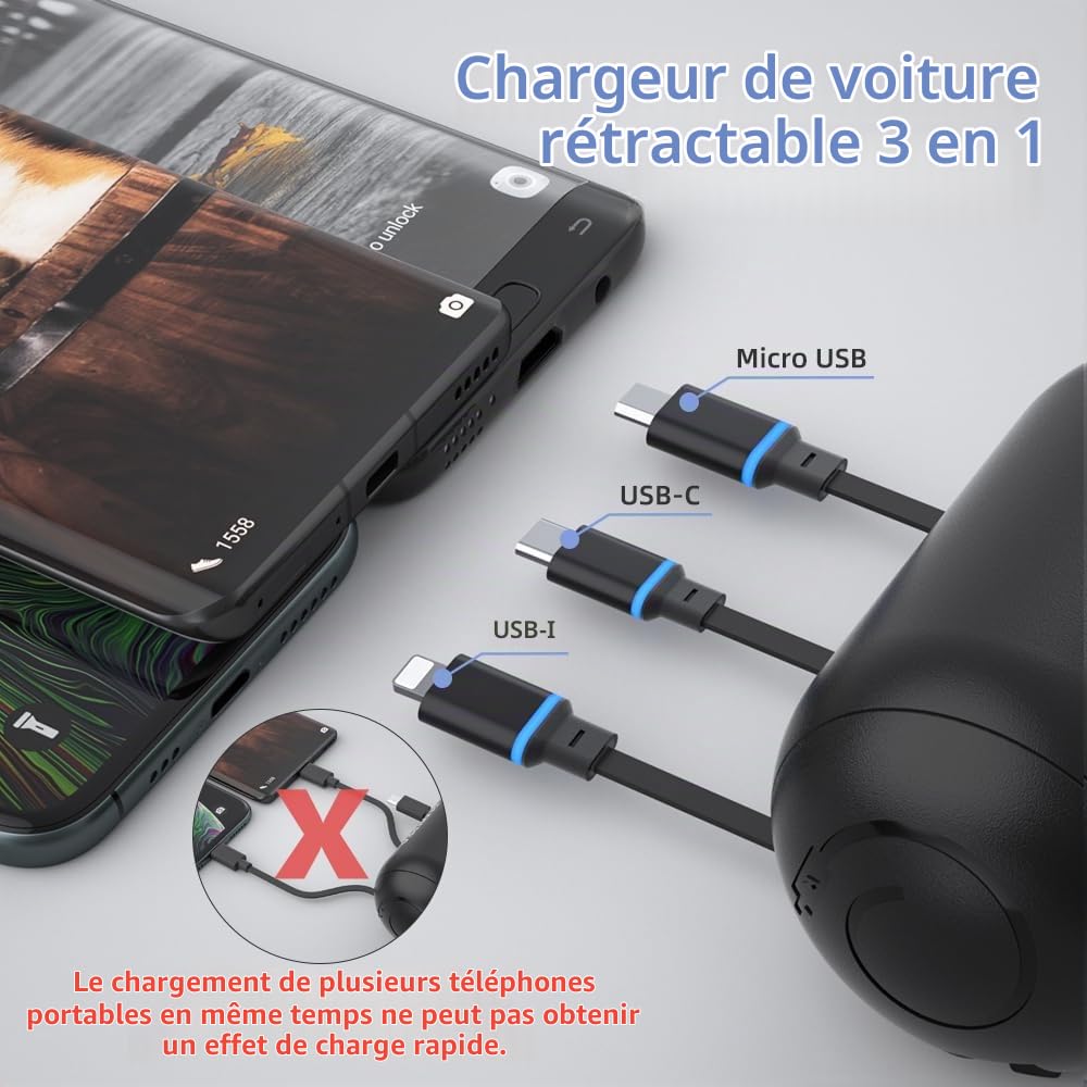 OHLPRO Lot de 2 chargeurs de Voiture rétractables pour siège arrière - Station de Charge Multifonction 3 en 1 avec USB-C/USB-i/Micro-USB, Charge Rapide 15 W pour iPhone, Samsung, Android, Support