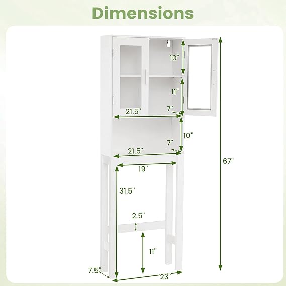 BestComfort Over the Toilet Storage Cabinet, Bathroom Organizer with Frosted Glass Doors, Adjustable Shelf, Open Compartment, Freestanding Over Toilet Rack Unit for Washroom Laundry (67'' H)