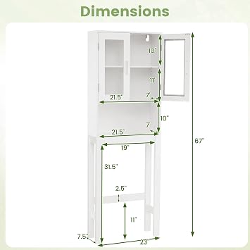 BestComfort Over the Toilet Storage Cabinet, Bathroom Organizer with Frosted Glass Doors, Adjustable Shelf, Open Compartment, Freestanding Over Toilet Rack Unit for Washroom Laundry (67'' H)