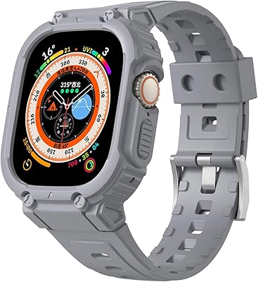 VeveXiao Case with Band Compatible with Apple Watch Ultra 49mm band with Case , Bumper Case Rugged Protective Case with Strap Bands for iWatch Ultra 49mm Mens Womens Strap, 49MM, Silicone, grey