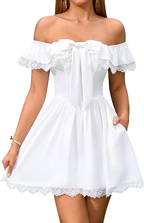 EYNMIN Womens Off The Shoulder Mini Graduation Dress Lace Bow Tie Flowy A Line Cute Casual Short Dresses with Pocket