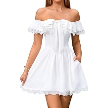 EYNMIN Womens Off The Shoulder Mini Graduation Dress Lace Bow Tie Flowy A Line Cute Casual Short Dresses with Pocket