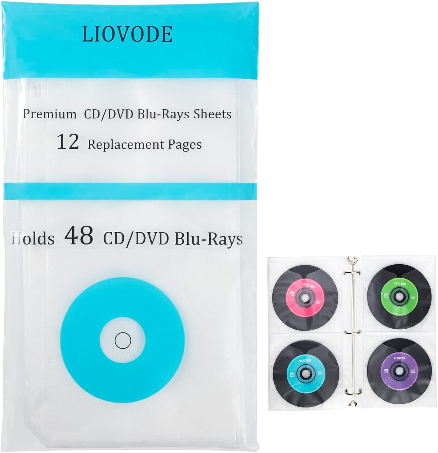LIOVODE CD Binder Pages, Refill Sheets for 3 Ring Binders, Hold 48 DVDs, CD Case