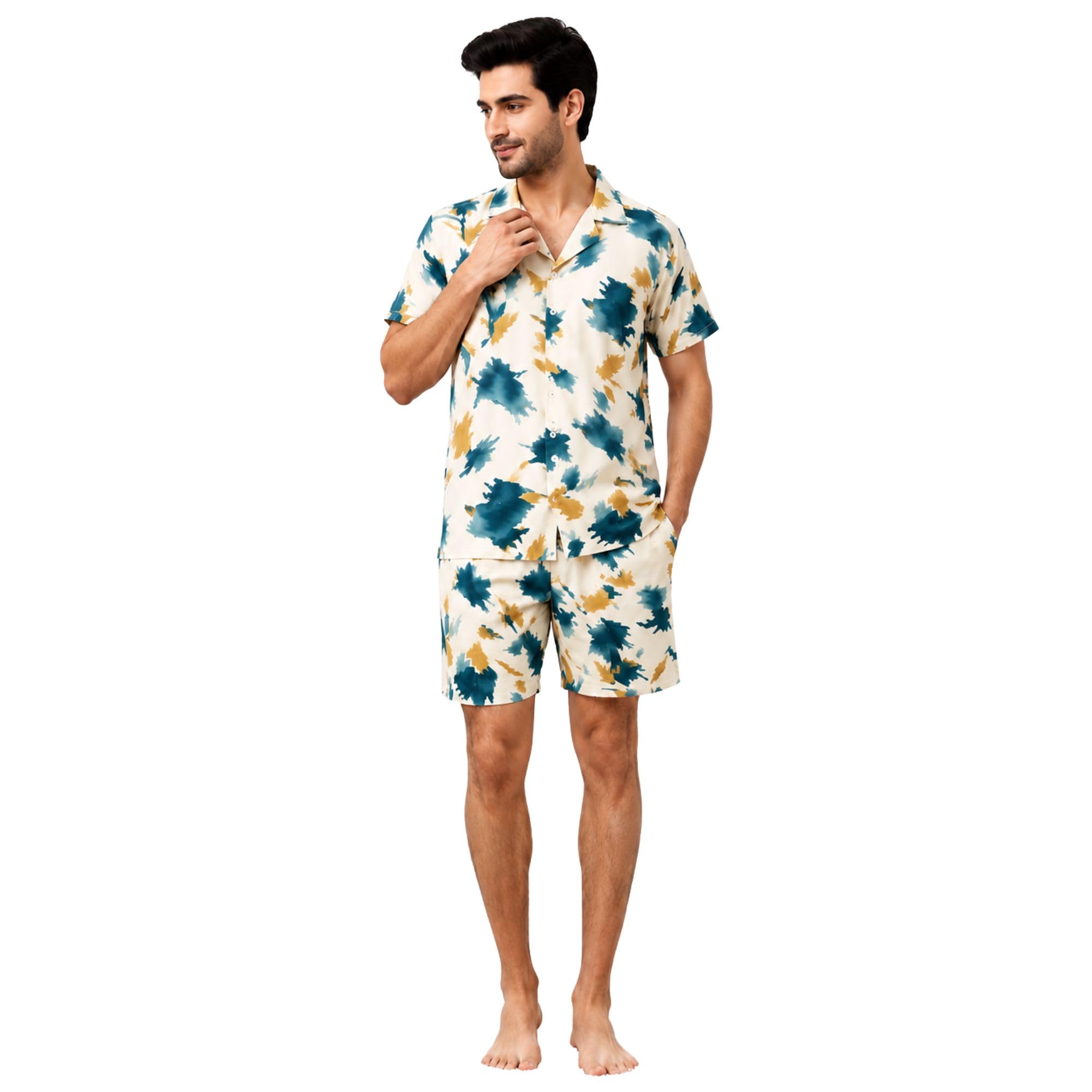 Men's Printed Half Sleeve Night Suit Set with Button Down Shirt & Elastic Waist Shorts Soft Comfortable Loungewear Sleepwear Co-Ord Set.-picture-31