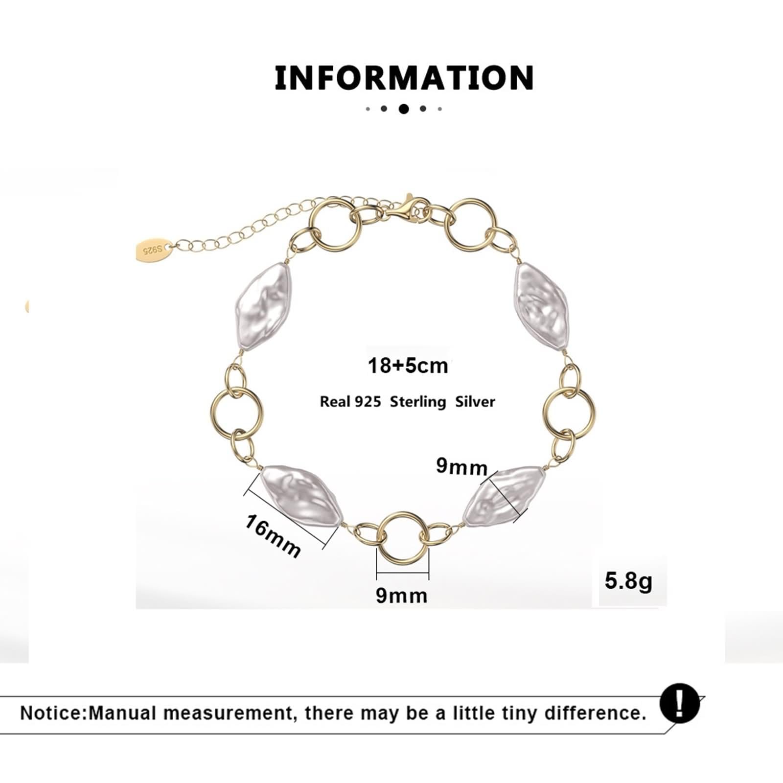 Pulsera la Amistad Oro, Pulsera Plata Ley Mujer Pulsera Amigos Perlas Irregulares 18+5cm