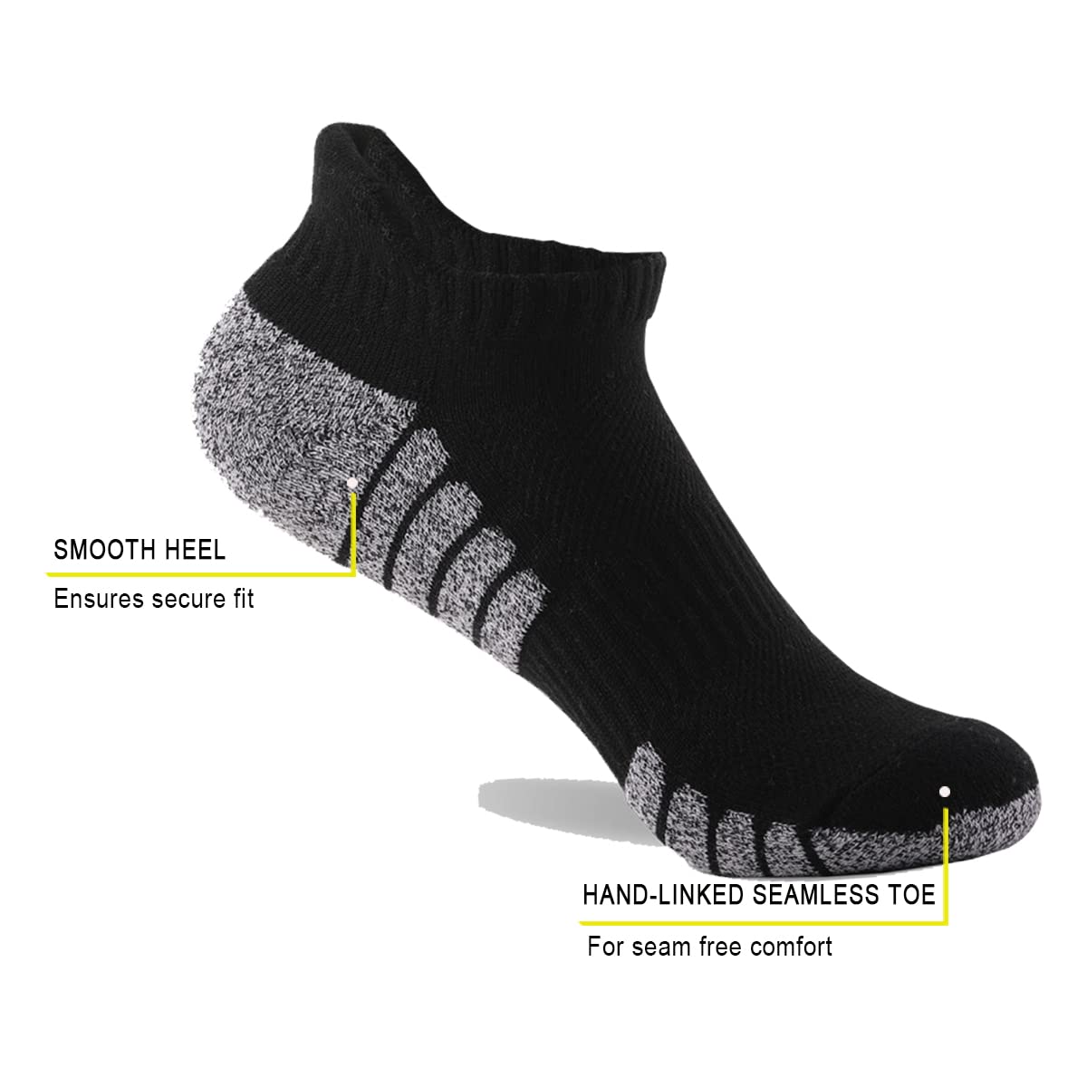 Herrensocken, 12 Paar, Anti-Blasen, gepolstert, atmungsaktiv, Laufsocken, Baumwolle, Sportsocken, niedrig geschnitten, athletische Sportsocken, Schwarz , 3-5
