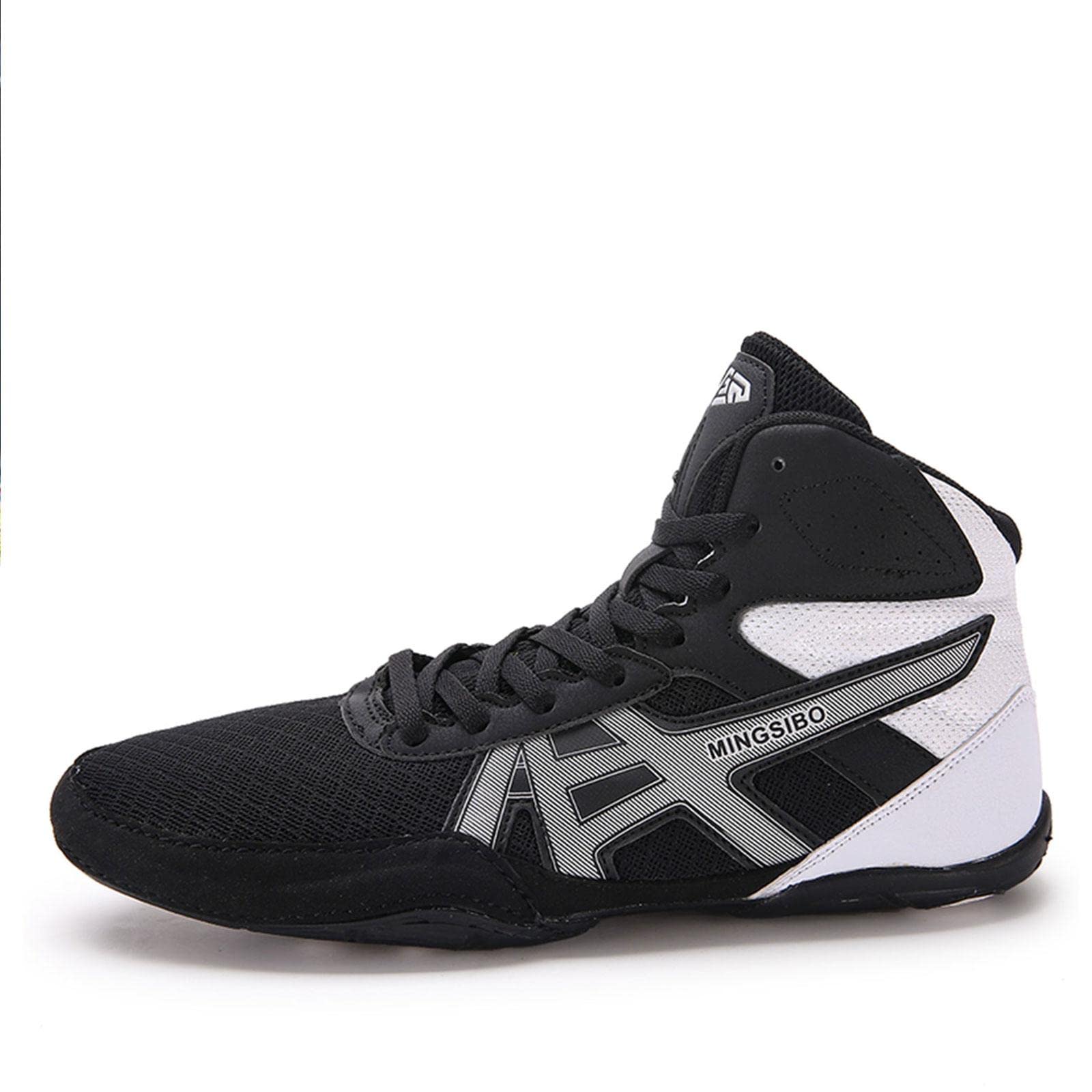 TECDOTO Herren Boxschuhe Sparring Boxer Trainer Schuhe, Kniebeugenschuhe mit Knöchelschutz Ringerschuhe Squat Buffer Schuhe für Das Fitnessstudio,Black-43EU