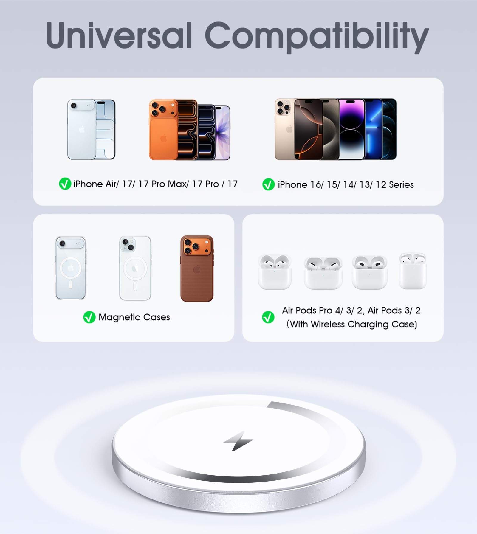 WRVVR - Bezprzewodowa ładowarka magnetyczna do iPhone'a 15, 14, 13, 12, Pro Max Plus, mini, 15 W, podkładka do szybkiego ładowania, do Airpods 3/2/Pro, silny magnes, kolor srebrny