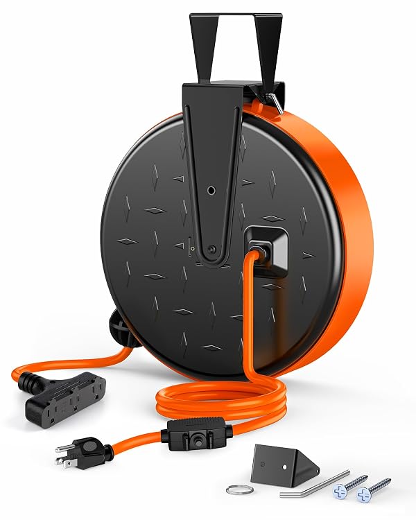 DEWENWILS 30FT Extension Cord Reel, 16/3 Gauge SJTW Power Cord, Retractable Cord Reel with 3 Outlets, Ceiling/Wall Mount for Garage, Workshop, 10A Circuit Breaker, Metal Plate, UL Listed, Orange by Dewenwils - Used condition - CA$55.66