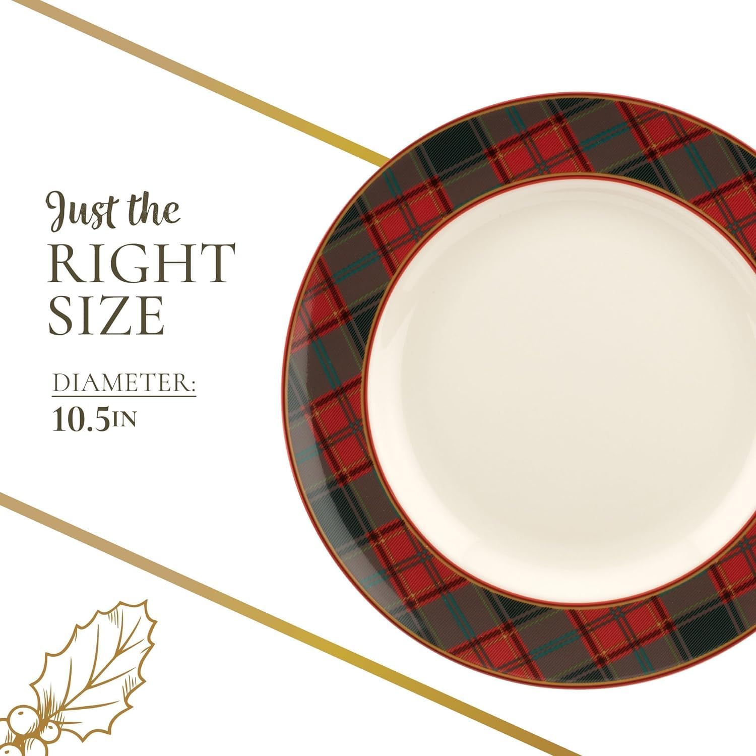 Spode Christmas Tree Tartan Dinner Plate (Set of 4) - 10.5" Festive Holiday Tableware, Colorful Christmas Dishes Tartan Plaid Border, Fine Earthenware, Microwave & Dishwasher Safe Decorative Plate