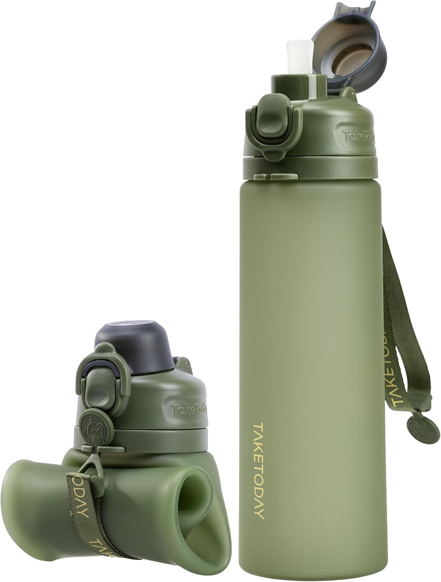 Collapsible Water Bottles 21oz (600mL), Foldable Platinum Silicone Travel Water Bottle with Straw & Carry Strap, Leak-Resistant Screw Lid, Wide Mouth, BPA-Free for Hiking, Camping, Travel