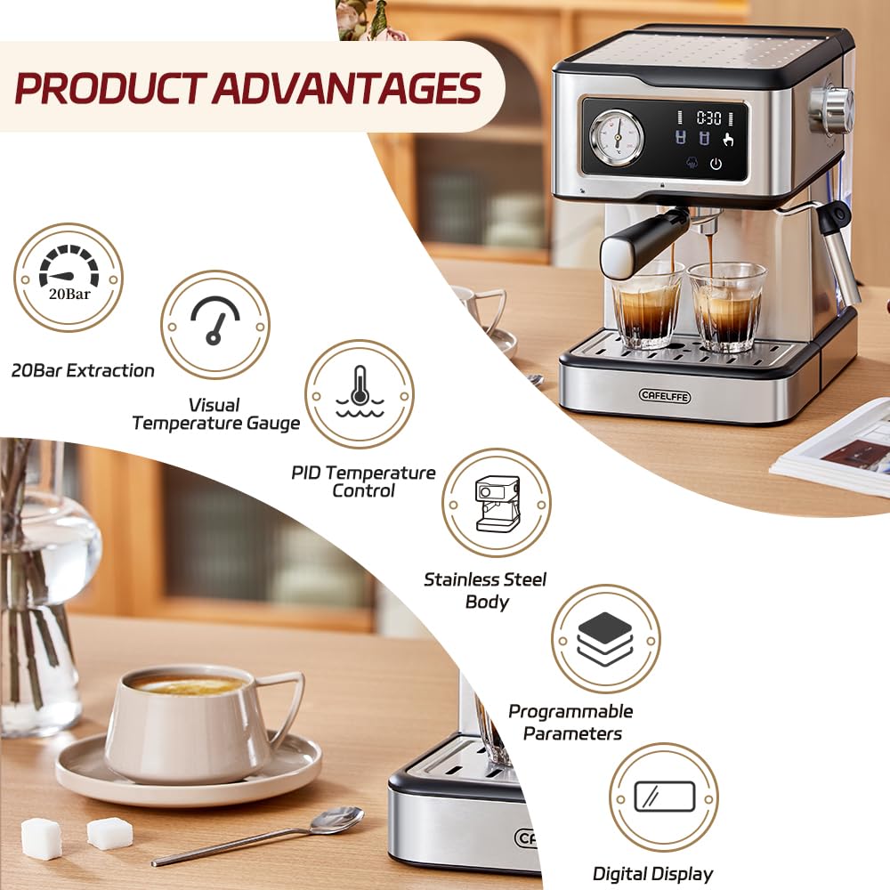 Ekspres do kawy Cafelffe MK-901 z spieniaczem do mleka – 950 W / 1,5 l, pompa 20 barów, inteligentny ekran dotykowy, obudowa ze stali nierdzewnej, mocna para do latte/cappuccino