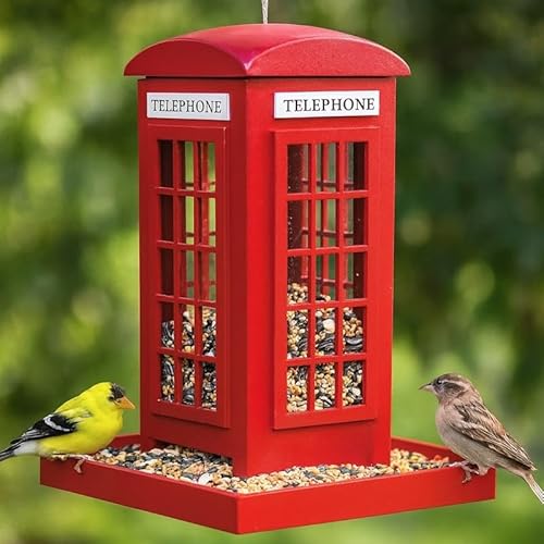 Quickdraw Supplies - Red Telephone Box Bird Feeder – Hanging Garden Seed Feed Station – Outdoor Wooden Wild Bird Feeding House – Tray with Drainage Holes – British Style Decorative Feeder – Gift for Wildlife & Nature
