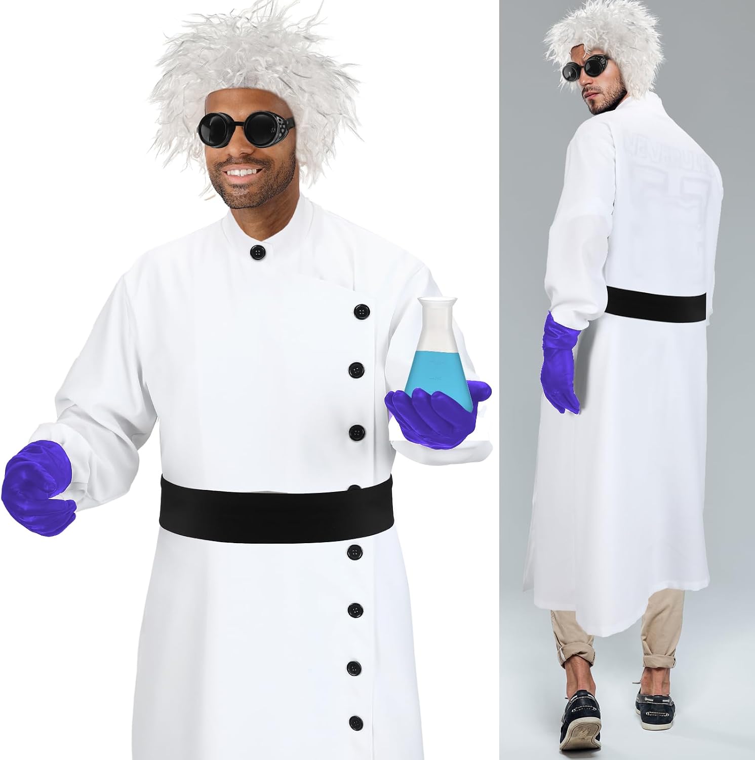 Jiuguva 9 Pcs Halloween Mad Scientist Costume for Adult Men Including Coat Belt Cup Gloves Goggles Wig Mustache Eyebrows